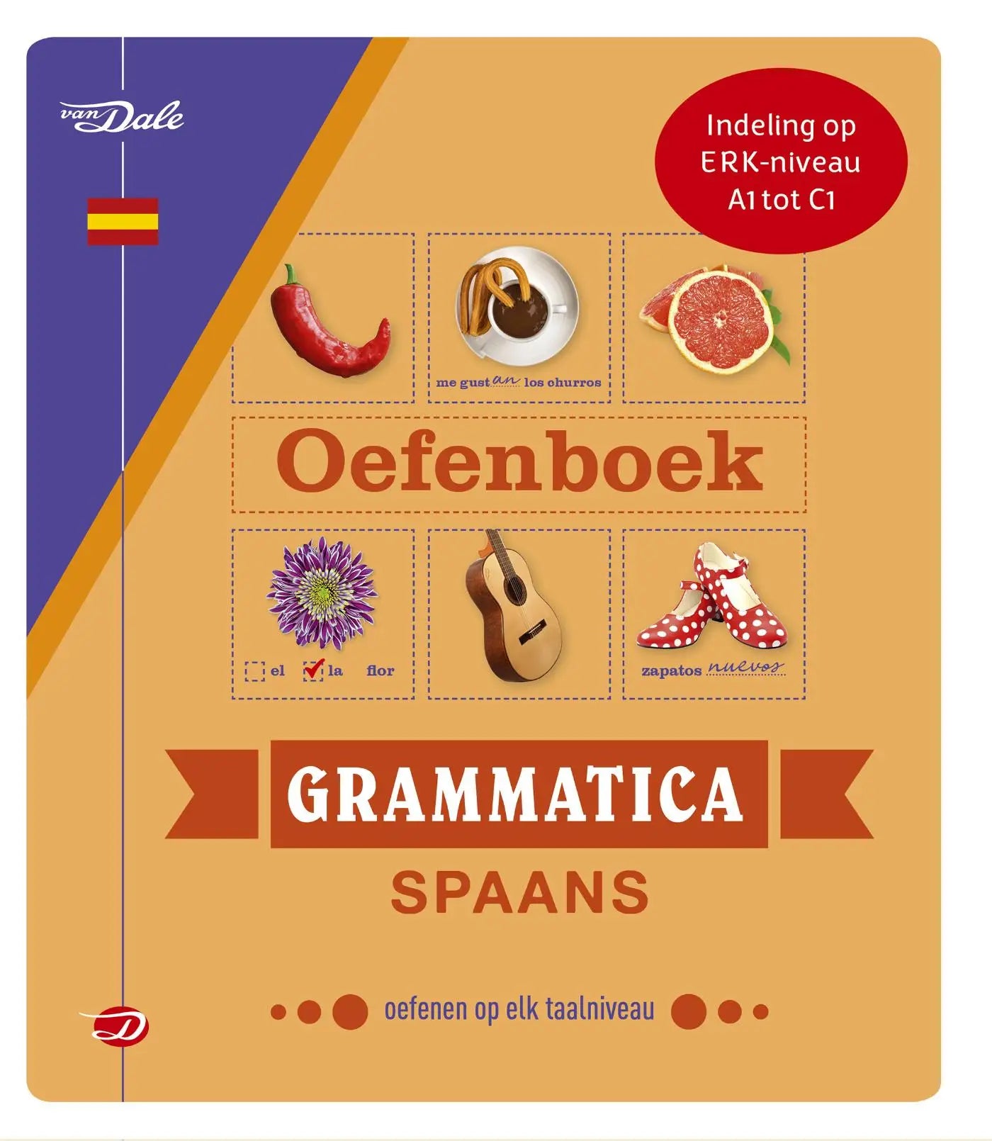 Van dale oefenboek grammatica spaans met oranje en paarse rug voor niveaus a1 tot c1 leerboek