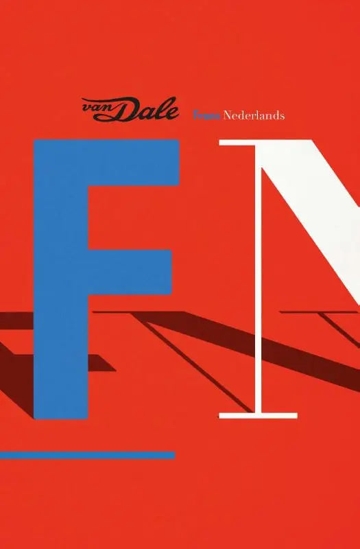 Bold blauwe en witte lettervormen op een felrode achtergrond met het van dale logo voor het pocketwoordenboek frans-nederlands