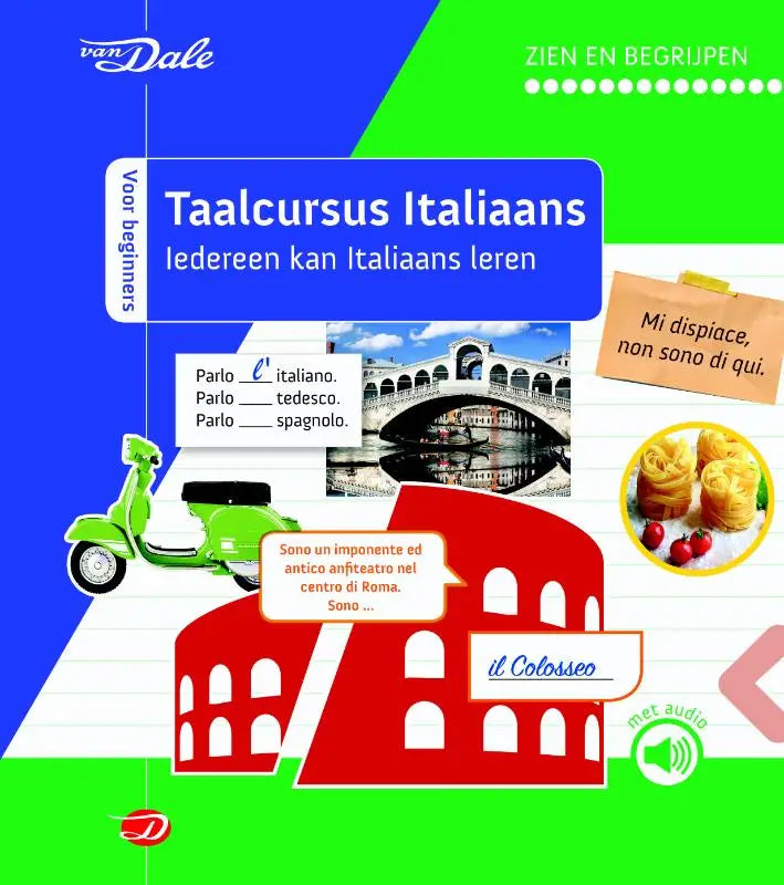 Vibrante blauwe en groene cover van van dale taalcursus italiaans met colosseum, scooter en eten voor italiaans leren