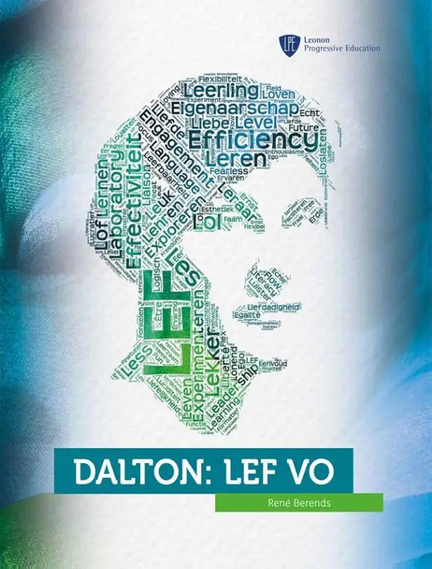 De cover van dalton lef vo toont een abstracte menselijke hoofd silhouet in groen en blauw met leer gerelateerde woorden