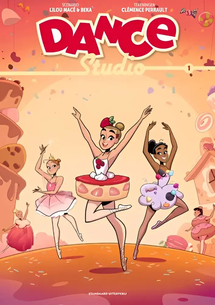 Vibrante cartoon-stijl dance studio stripboekcover met drie ballerina’s in kleurrijke tutu’s op dessertthema platforms