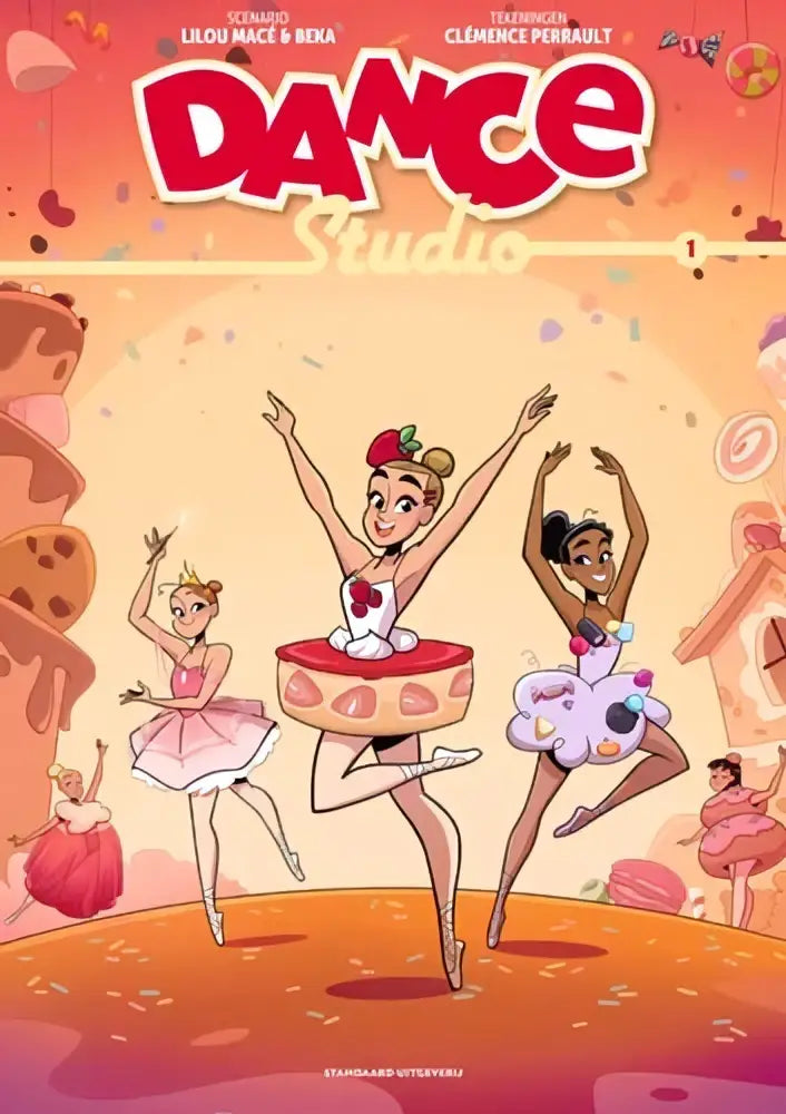 Een kleurrijke illustratie van drie ballerina’s in tutu’s voor een studio dance academy productcover