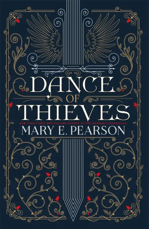 Donkere blauw boekomslag met gouden filigrain en rode accenten van het sensationele young adult fantasy dance of thieves
