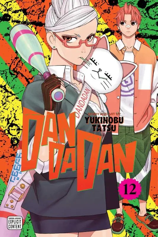De cover van manga dandadan volume 12 met twee personages tegen een kleurrijke graffiti-achtergrond