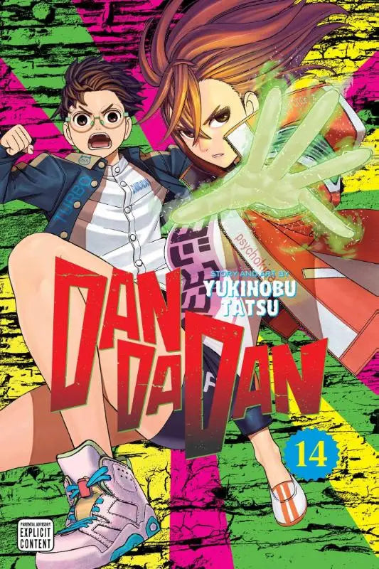 Levendige manga cover van dandadan volume 14 met twee animekarakters in dynamische poses tegen graffiti achtergrond