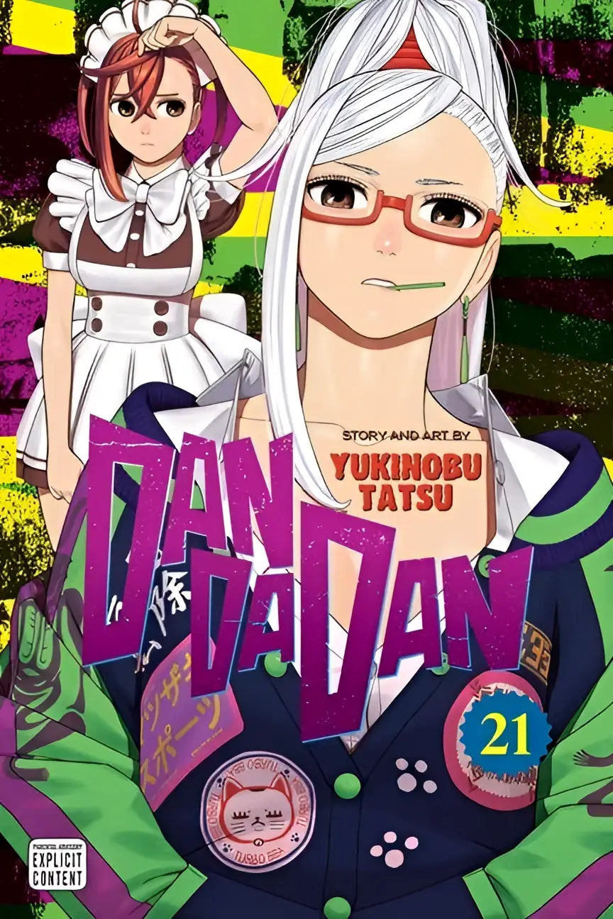 Cover van manga dandadan volume 21 met twee animepersonages tegen een kleurrijke achtergron