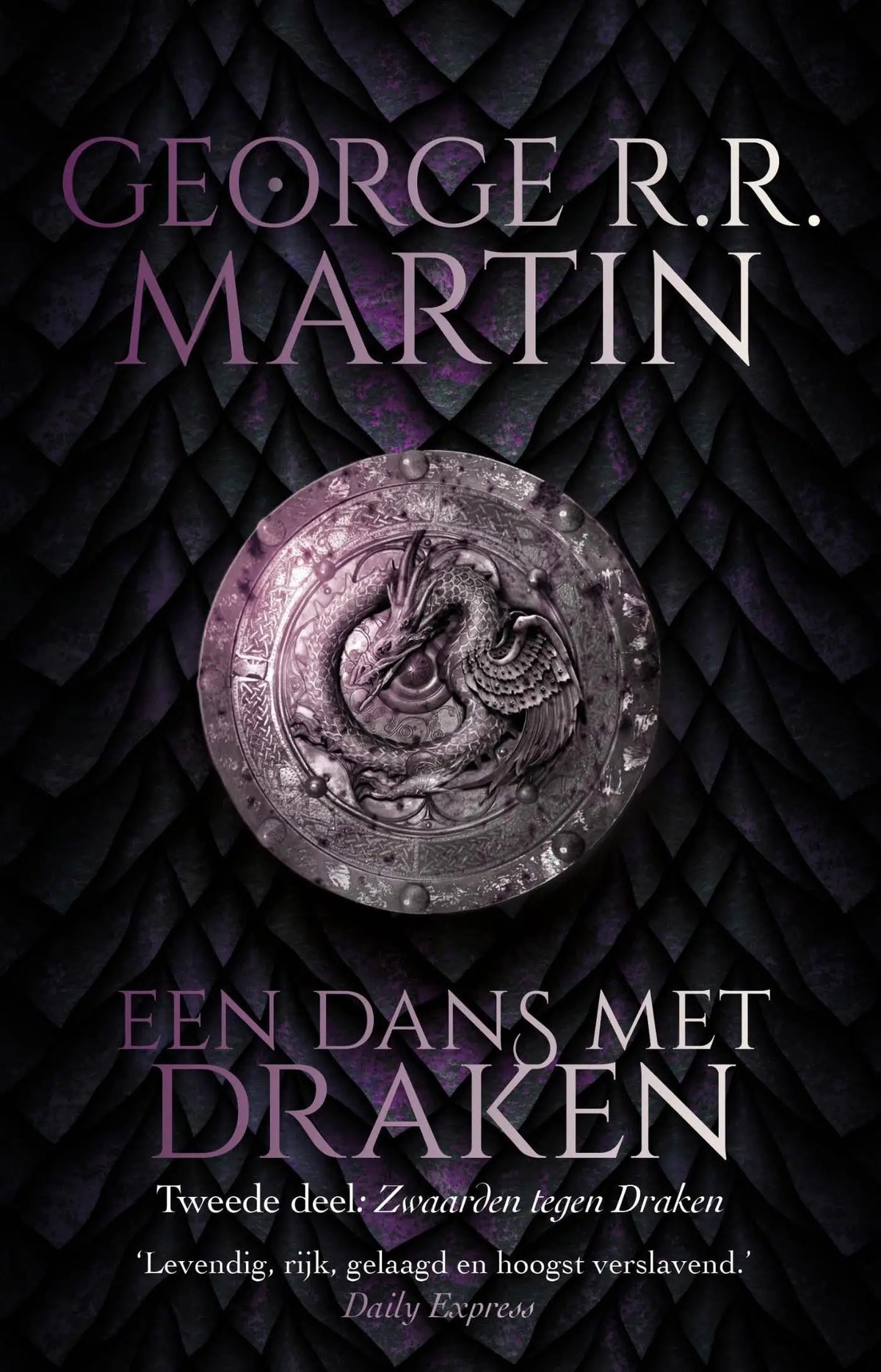 Een zilveren draak gegraveerd rond schild centraal op een donkere geschubde achtergrond in luitingh sijthoff fantasy product