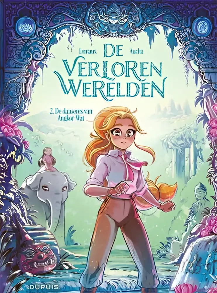 De danseres van Angkor Wat illustratief kinderboek cover met meisje in roze en bruine kleding tussen jungle en olifanten