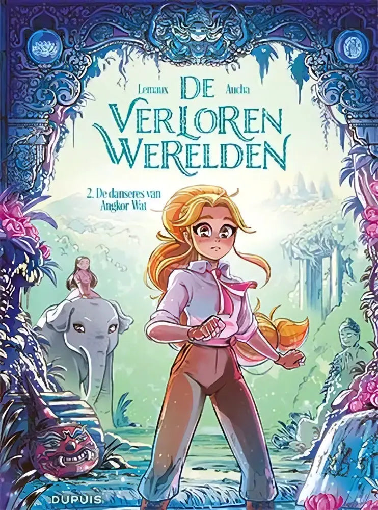De cover van het kinderboek verloren werelden van lomax de ancha toont een meisje bij blauwe decoratieve bogen strips algemeen