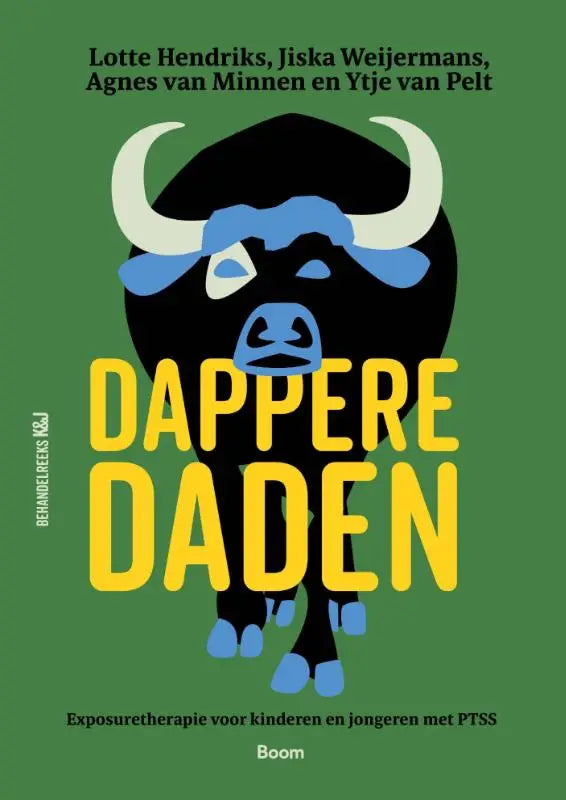 Een gestileerde zwarte stier met witte hoorns en blauwe gezichtskenmerken op groene achtergrond voor dappere daden jonge lezers