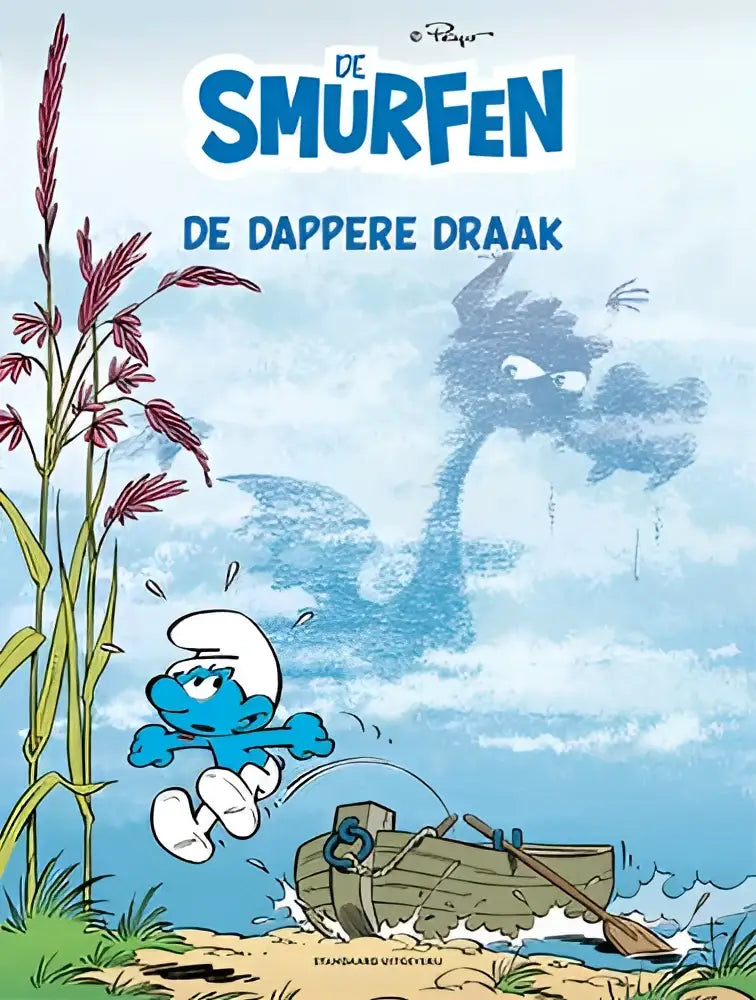 Blauwe smurf in witte hoed en broek rent door grasveld nabij houten boot met roeispaan onder lucht met mistige dappere draak