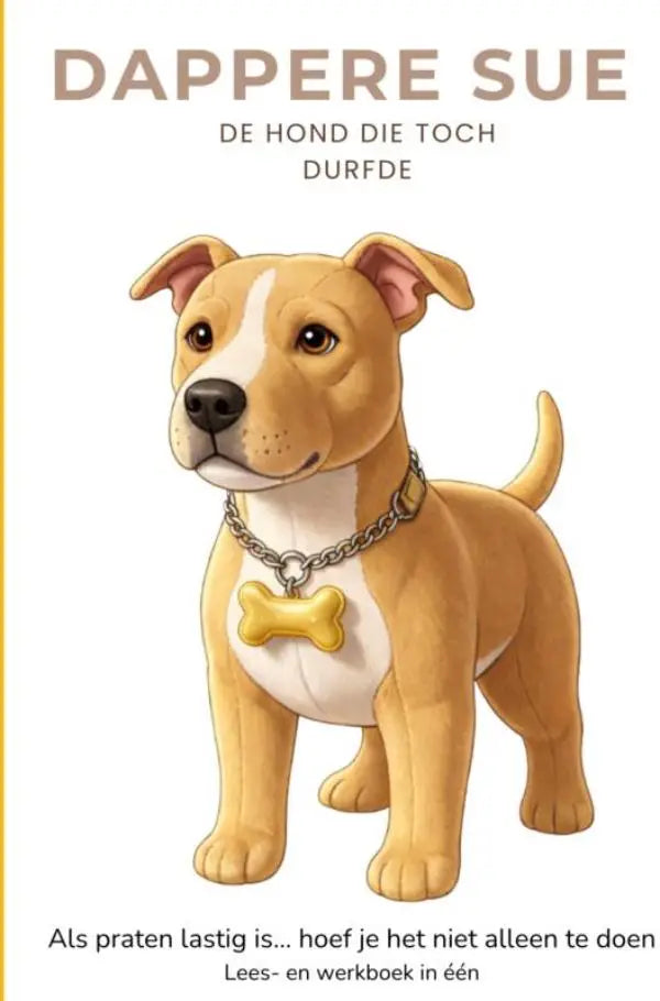 A charming cartoon illustration of dappere sue the tan and white staffordshire bull terrier puppy for jonge lezers