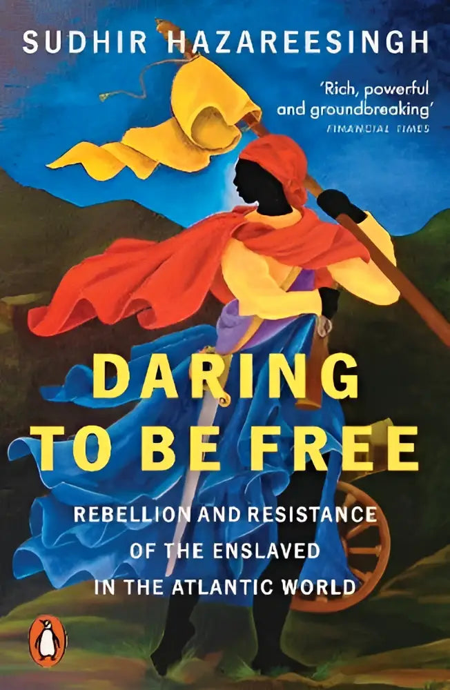 Boekcover van daring to be free toont een levendige illustratie met rode en blauwe kleding tegen een dynamische lucht