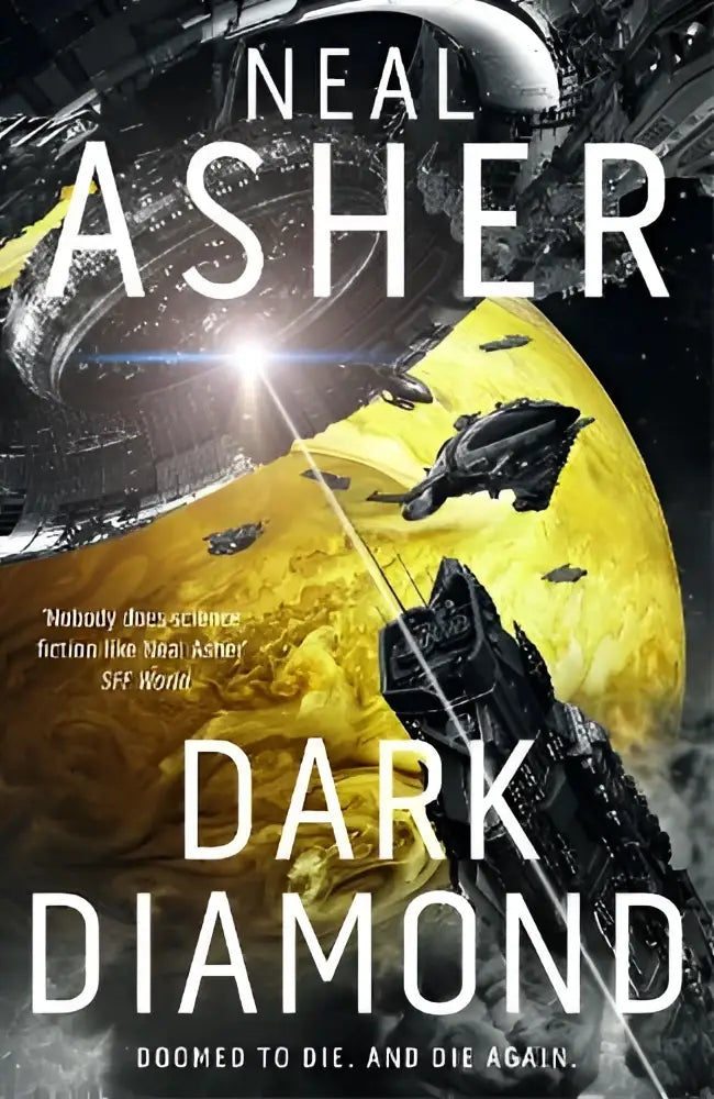 De cover van neal ashers dark diamond toont een dramatische scène met donkere, hoekige ruimteschepen bij een geel planet