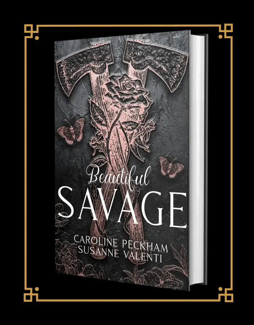 Donkere grijze hardcover van dark empire 2 beautiful savage met geperste roos en bijl ontworpen door caroline peckham