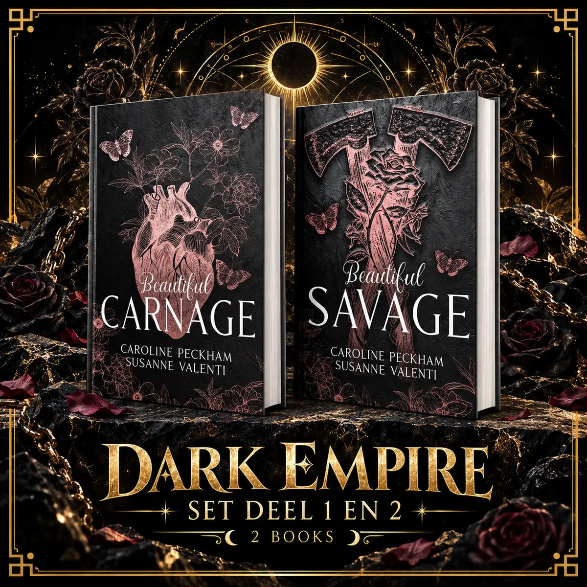 Twee hardcover boeken met zwarte textuur en roze metalen roos- en hartillustraties van dark empire set deel 1 en 2 van susanne valenti
