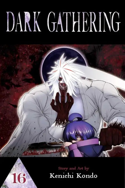Dark gathering volume 16 manga cover featuring a menacing white-haired figure with blood-stained hands over a purple-haired character