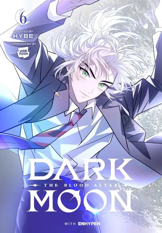 A stylized anime character with spiky white hair and green eyes on the blood altar dark moon vol 6 comic cover
