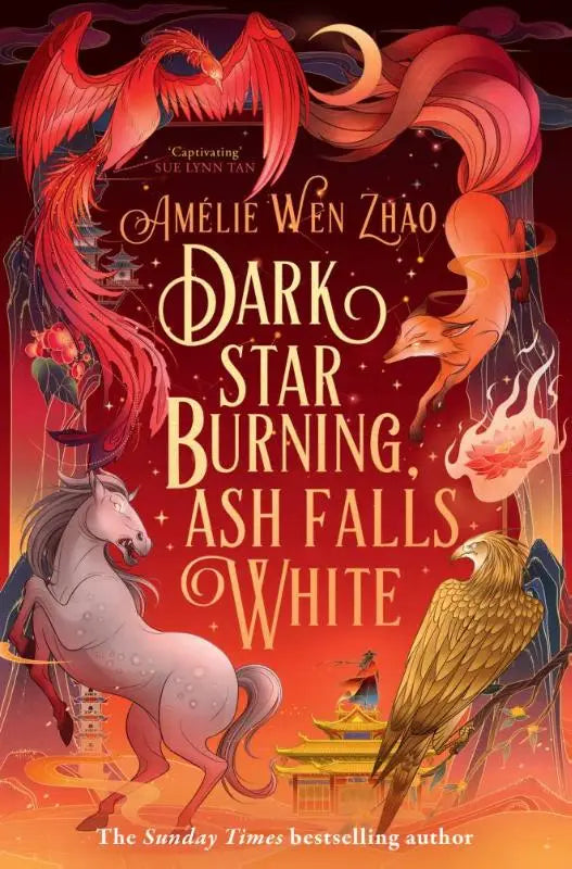 De boekcover van dark star burning ash falls white door amélie wen zhao toont een levendige illustratie met vurige rode en oranje tinten