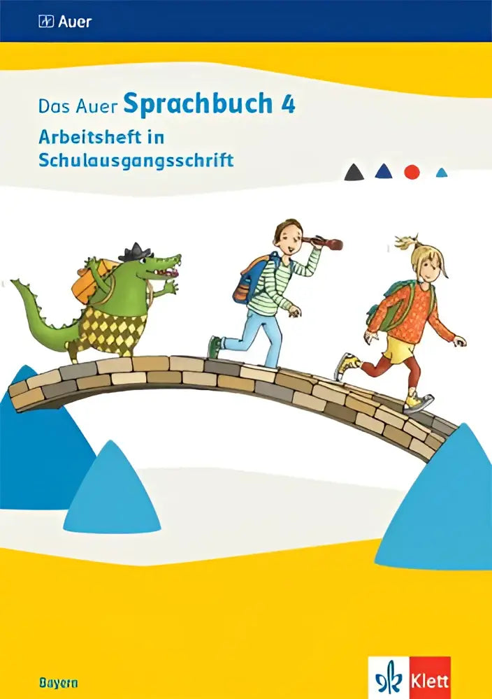 Cover van das auer sprachbuch 4 werkboek met kleurrijke illustratie van kinderen en groene krokodil op stenen brug