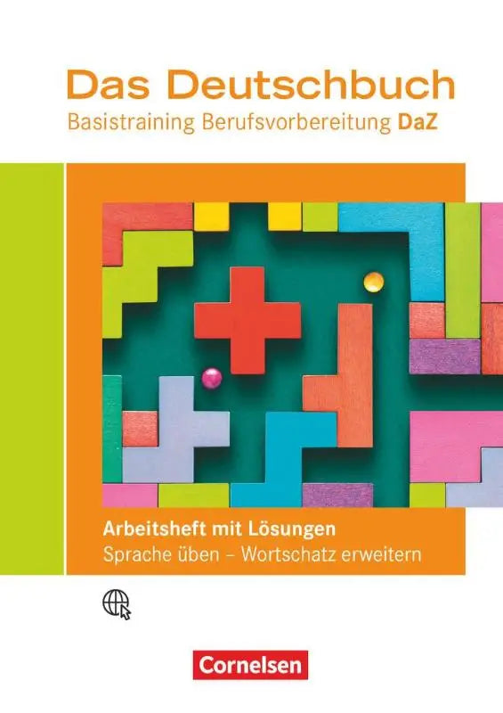De cover van das deutschbuch basistraining berufsvorbereitung toont een kleurrijk puzzelachtig ontwerp met geometrische blokken