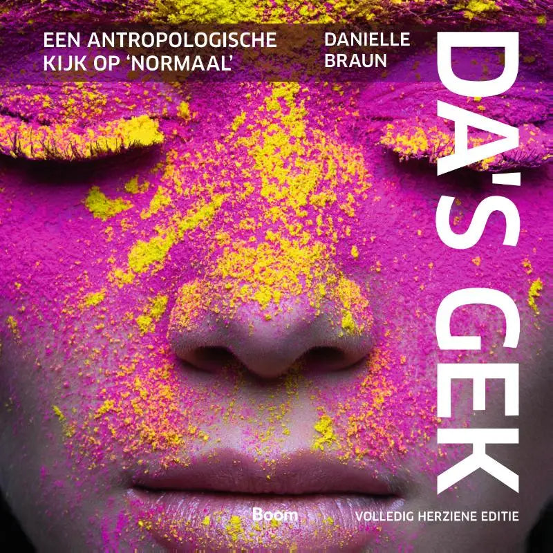 Eeuwig boekcover met close-up van gezicht met roze en gele poeder en titel da’s gek in witte letters