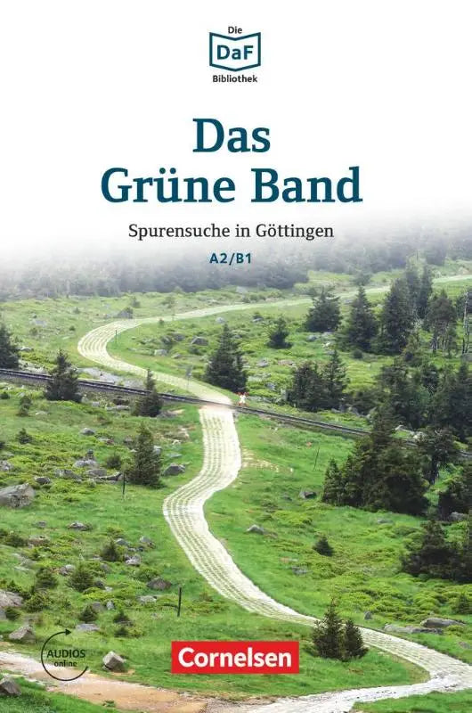 De omslag van das grüne band a2/b1 duitse taalleerboek met een schilderachtige foto van een kronkelend pad door groene heuvels