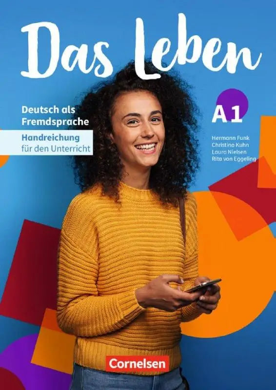 Een vrouw met krullend donker haar draagt een mosterdgele ribgebreide trui en blauwe spijkerbroek met smartphone in das leben handreichung für het onderwijs