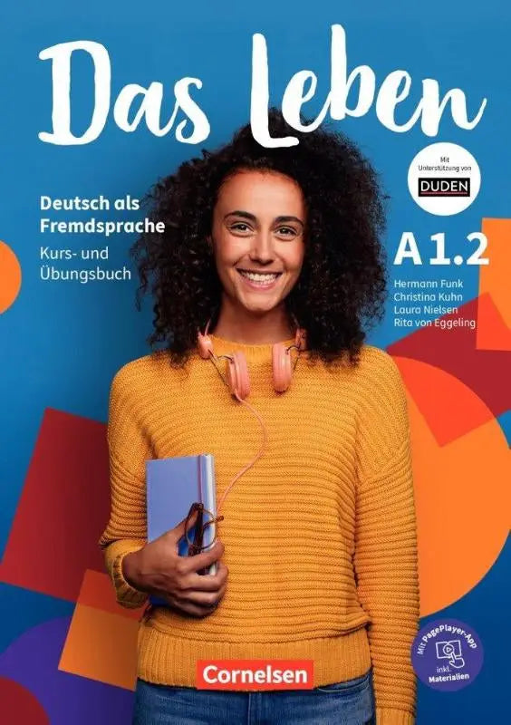 Cover van das leben a1 niveau a1-b1 door cornelsen met een vrouw in oranje trui en blauw boek met roze koptelefoon