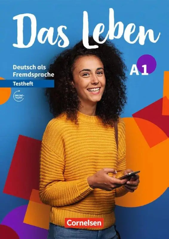 Een vrouw met krullend donker haar in een gele ribgebreide trui houdt een smartphone vast bij reeks das leben a1 testheft