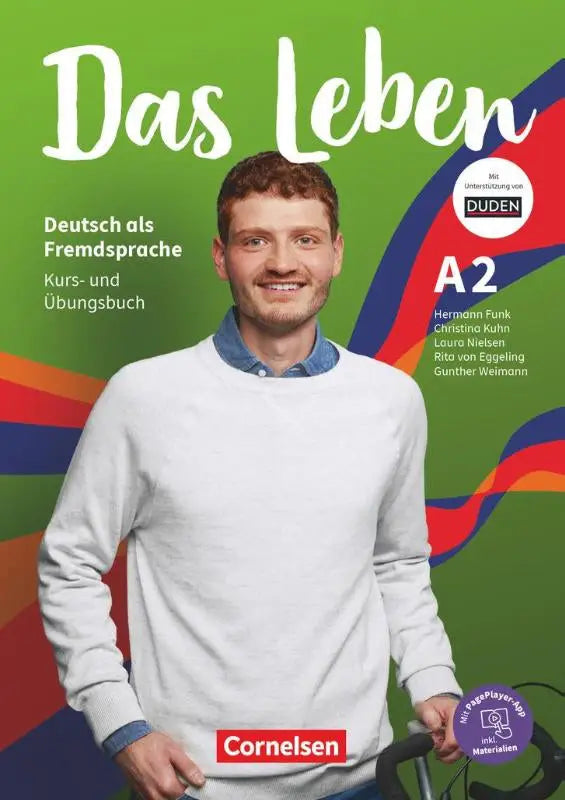A2 niveau deutschkurs und arbeitsbuch das leben von duden mit lächelndem mann vor grünem hintergrund niveau a1-b1