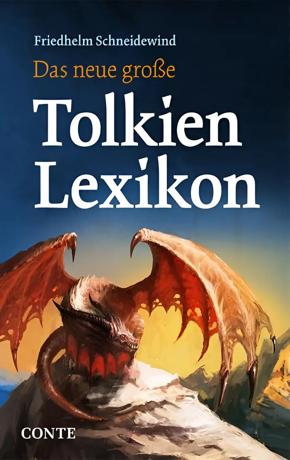 De cover van das neue große tolkien lexikon toont een gedetailleerde draak met rode en oranje vleugels tegen een dramatische lucht