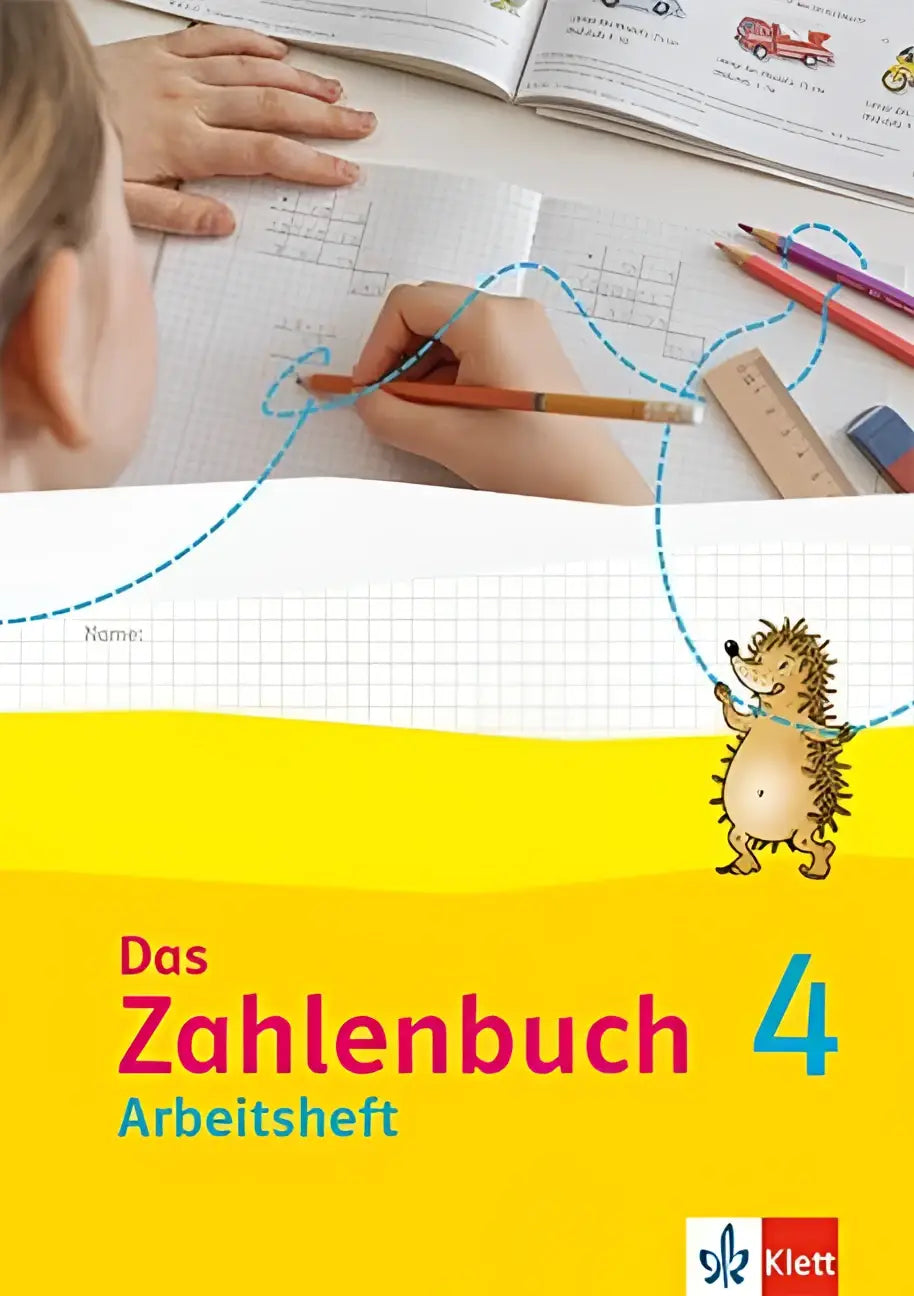 Geel das zahlenbuch 4 arbeitsheft klasse 4 met cartoon egel illustratie en klett logo voor rekenen