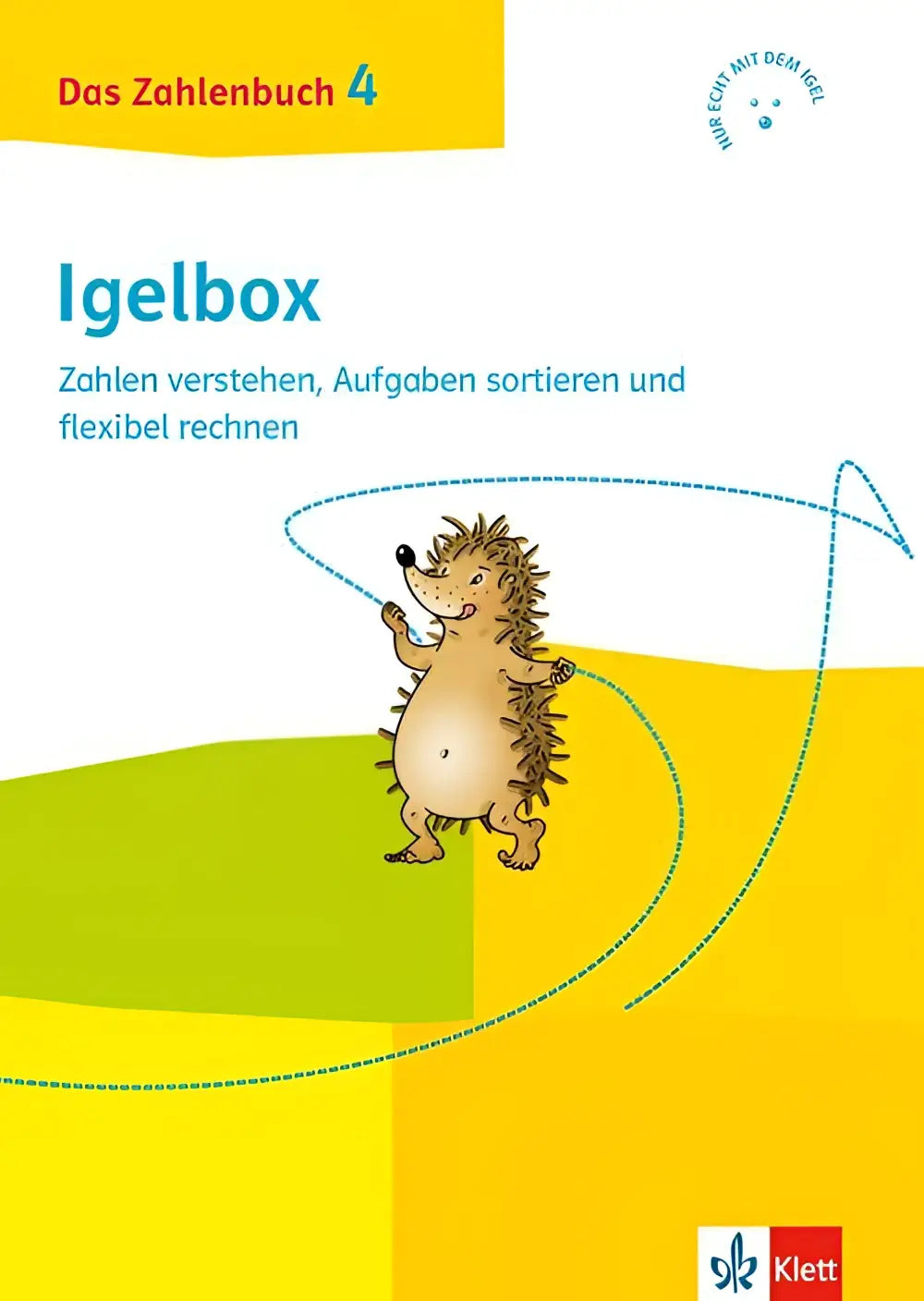 Gele en groene illustratie van das zahlenbuch 4 igelbox kinderwerkboek met cartoon egel voor zahlen verstehen en aufgaben sortieren