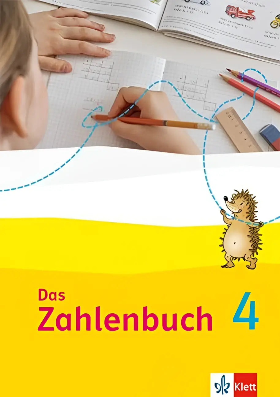 Gele kinder wiskundeboek das zahlenbuch 4 met cartoon egel illustratie voor schulbuch klasse 4 gebruik
