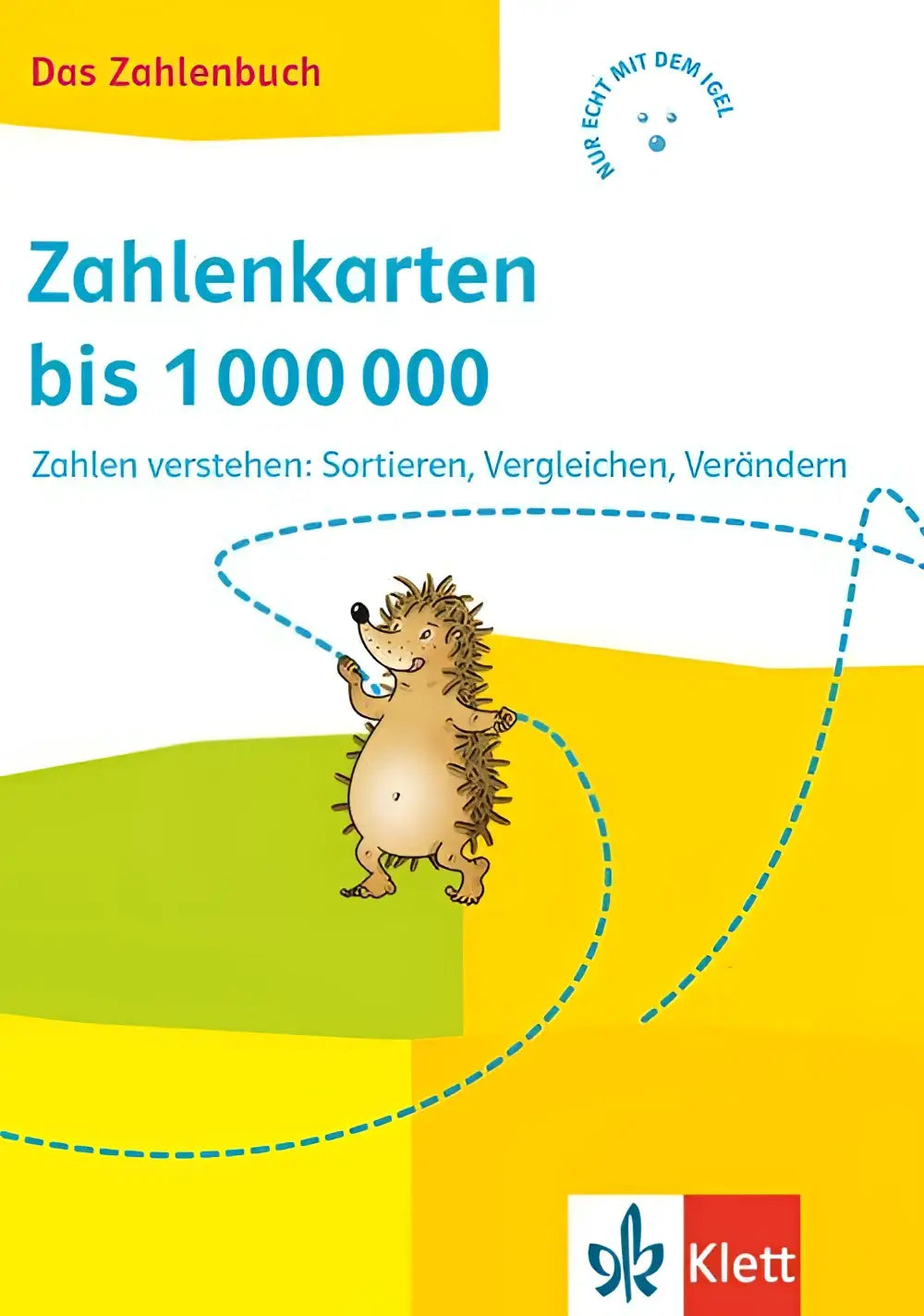 Gele en groene educatieve zahlenkarten bis 100000 met cartoon stekelvarken van klett voor das zahlenbuch klasse 4