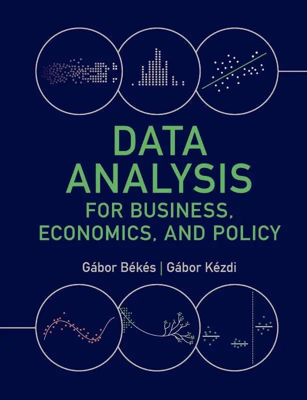 The book cover for data analysis for business economics and policy features bold green text on a navy blue background