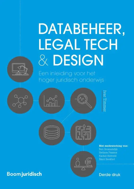 Blauw boekcover van databeheer legal tech en design met witte tekst en grijze iconen door ivar timmer bij koninklijke boom uitgevers