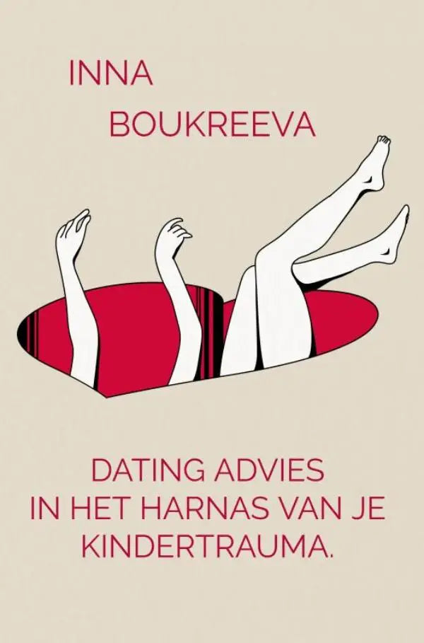 De boekcover van dating advies toont minimalistische witte ledematen uit een rood ovaal gat op beige achtergrond