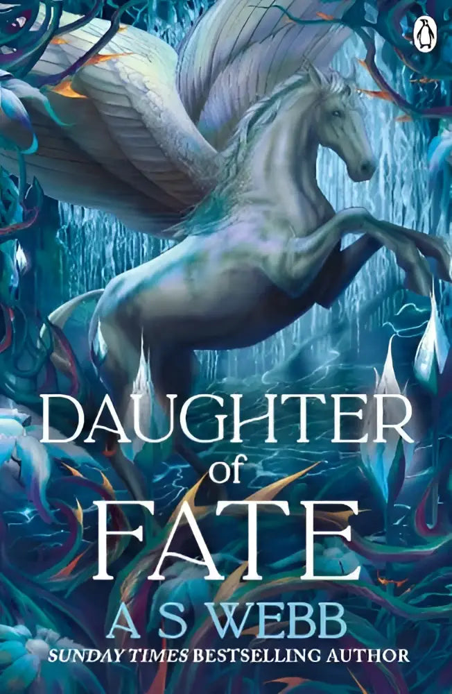 De cover van het boek daughter of fate door a.s met een fantasy romance thema uitgegeven door michael joseph in the dark pantheon serie