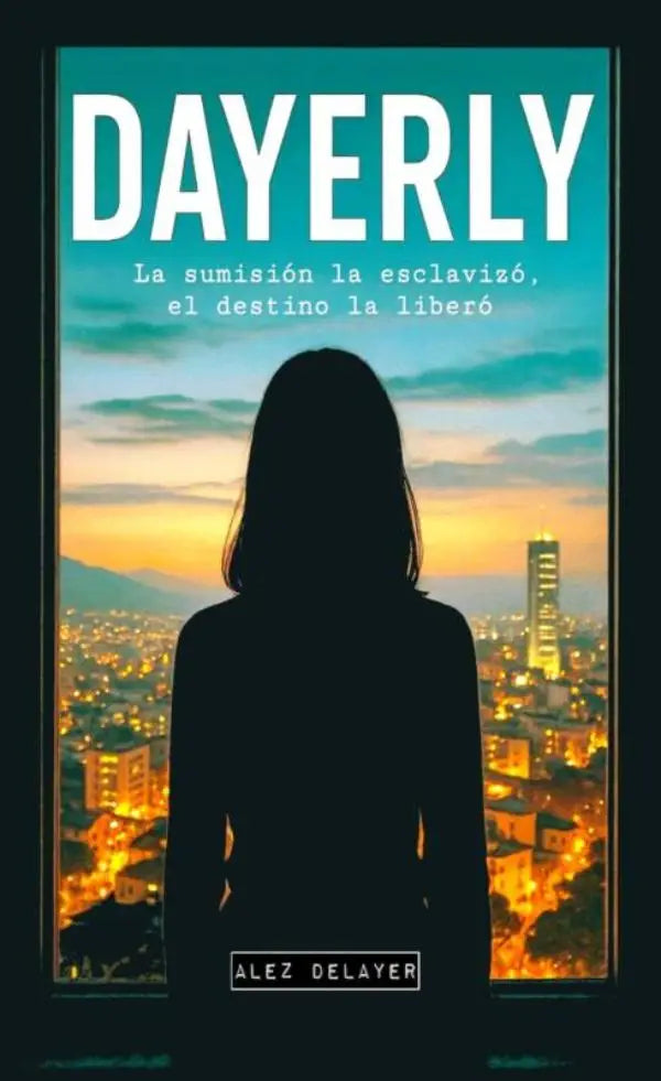 De boekcover van dayerly door alez delayer toont een vrouwensilhouet tegen een levendige stadsachtergrond bij schemering