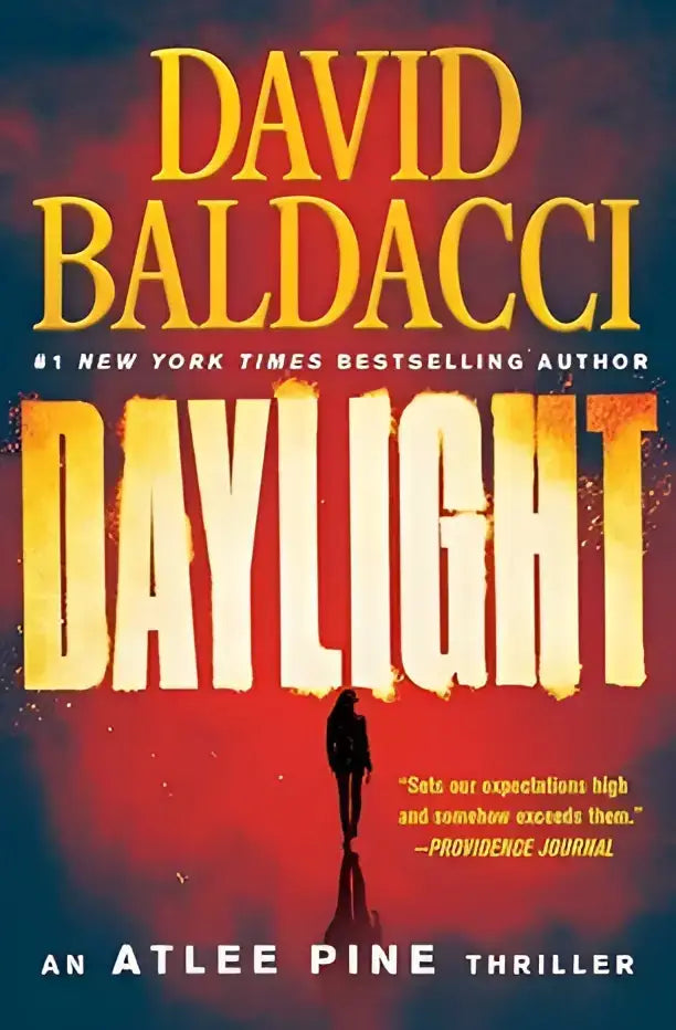 The book cover of daylight an atlee pine thriller 3 by david baldacci shows bold yellow and white letters on a red and blue background