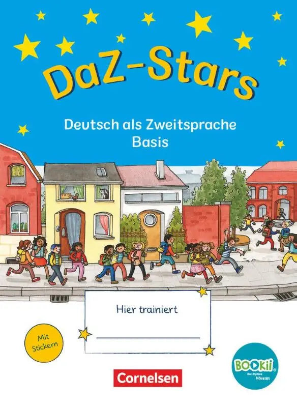 De cover van het daz-stars basiswerkboek voor beginners binnen dezelfde reeks toont kinderen onder een sterrenhemel