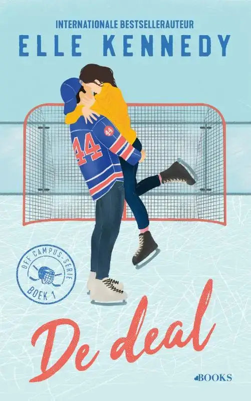 The cover of elle kennedys book de deal shows an illustrated couple in hockey gear on ice near a red goal net, perfect for off campus love books fans