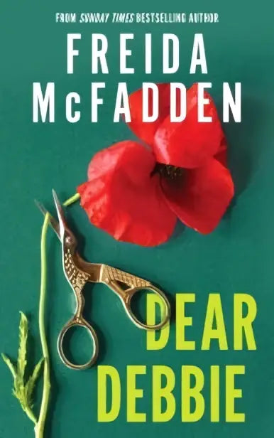 Rode klaproos met delicate bloemblaadjes naast goudkleurige schaar op teal achtergrond bij the instant sunday times bestselling thriller dear debbie