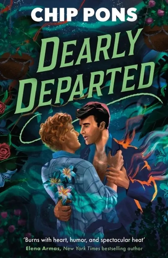 Dearly departed boekomslag toont twee geïllustreerde figuren in romantische omhelzing tegen levendige fantasierijke achtergrond