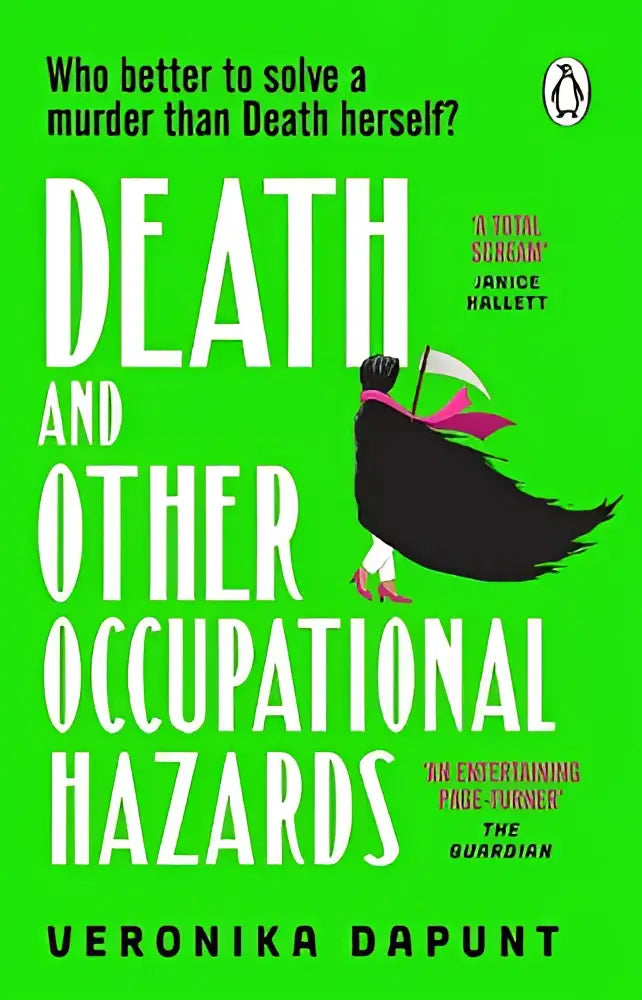 Groen boek omslag death and other occupational hazards met zwarte silhouet van de dood en roze cape door veronika dapunt