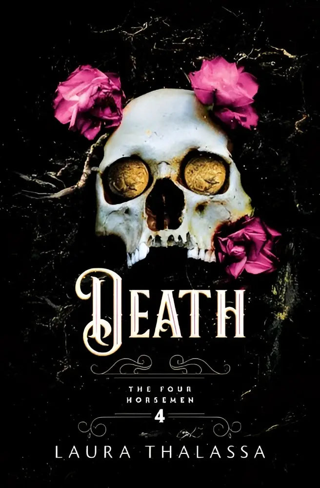 Een wit schedelbeeld versierd met roze rozen en goudgeperste ogen met de titel death in sierlijke letters