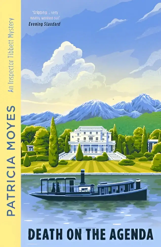 De cover van death on the agenda toont een witte villa met groene bomen en bergen tegen een blauwe lucht