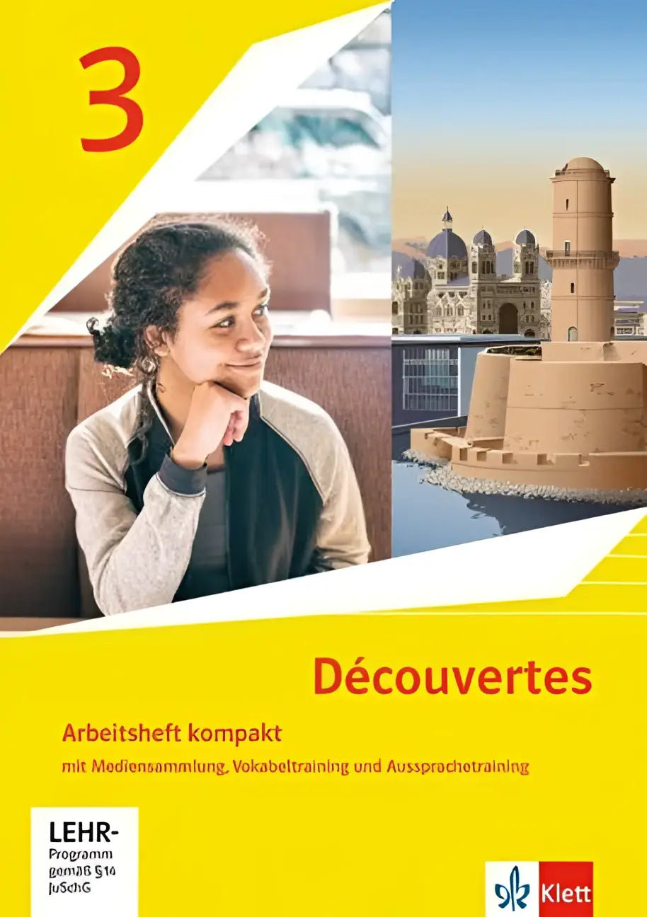 Yellow-covered découvertes 3 arbeitsheft kompakt mit mediensammlung featuring a young woman and historic building on cover